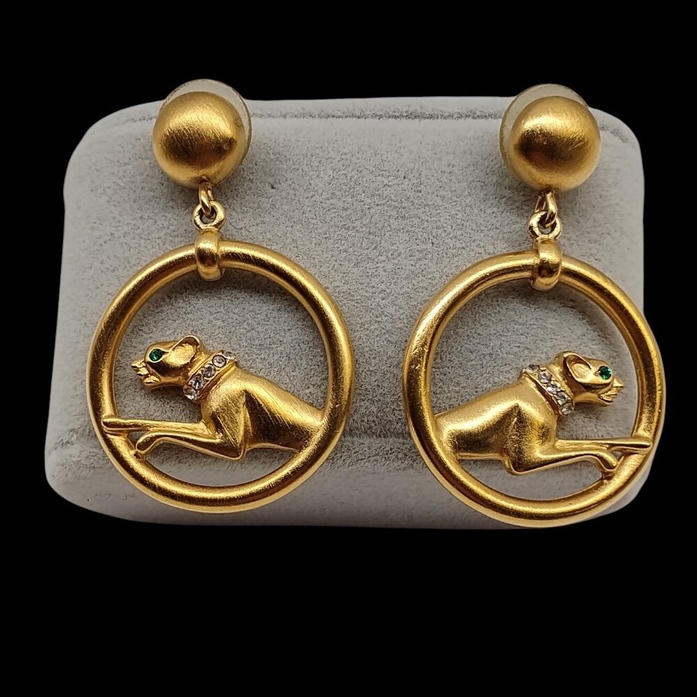 Vintage 80s Jackie Collins Gold Tone Green Eyes Panther Drop Pierced Earrings